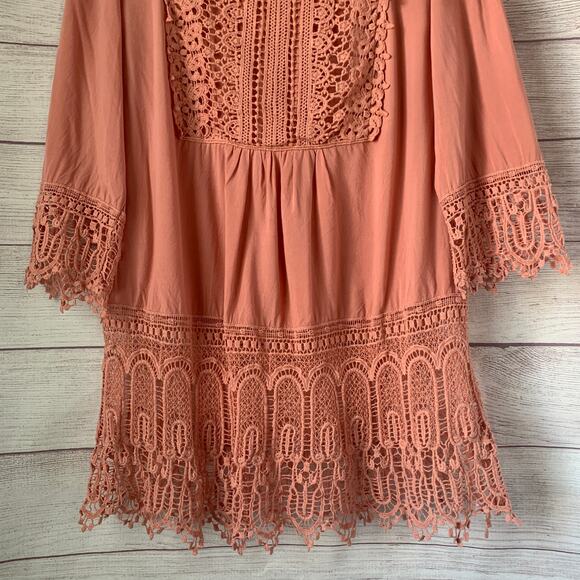 L'affaire Boho Pink Tunic Top with Crochet Lace Detail 3/4 Length Sleeves Size L - Picture 3 of 13